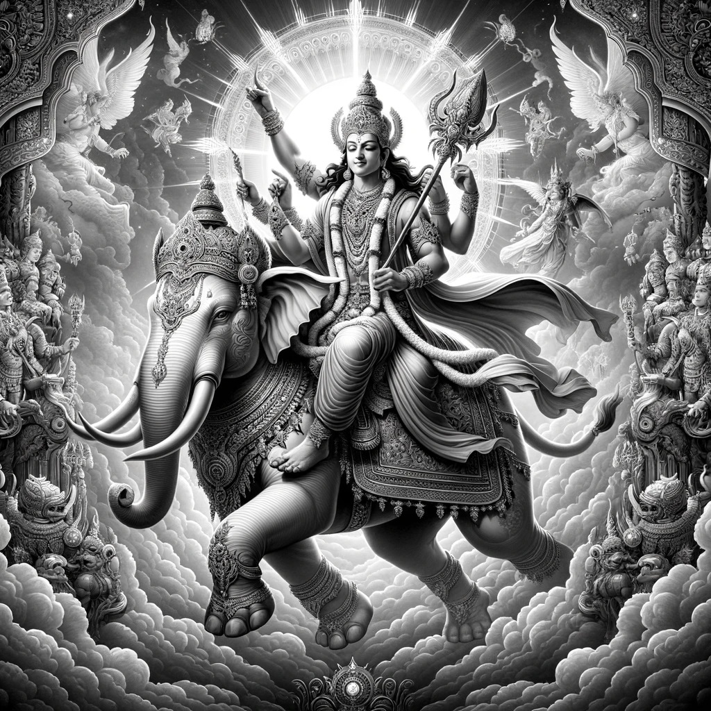 Indra is a deity from Hindu mythology, often regarded as the king of the Gods and ruler of the heavens, specifically Svarga, the domain of the devas (Gods).